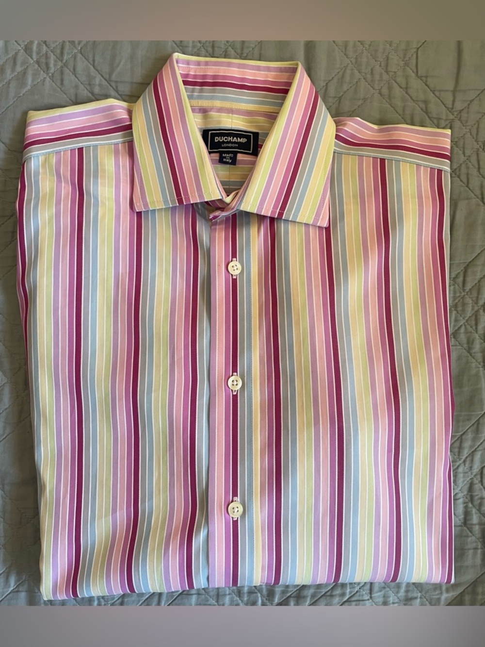 DUCHAMP LONDON Made in
Italy Bold Multicolor Woven stripe Shirt Size 41/16